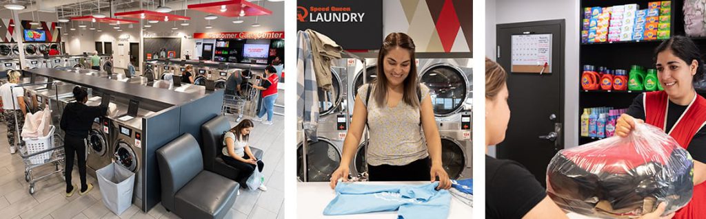 Speed Queen Laundry In-Store Experience Speed Queen Laundry customers using self-serve machines, folding clothes, and receiving laundry service in a modern, friendly facility.