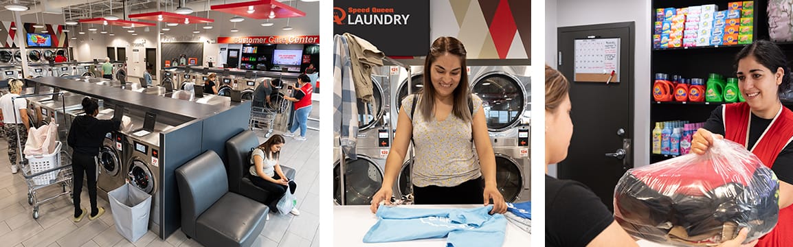Speed Queen Laundry customers using self-serve machines, folding clothes, and receiving laundry service in a modern, friendly facility.